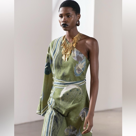 ZARA- one shoulder linen printed asymmetric dress- size XS- NWT - Picture 1 of 7